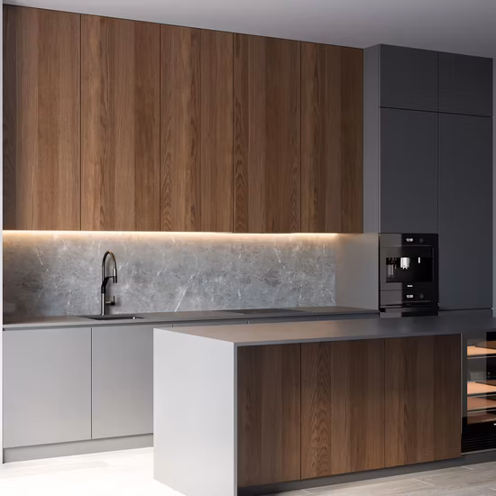 Membrana de PVC popular duradera, segura y cómoda, isla de cocina azul y blanca, gabinetes de cocina con agitador blanco