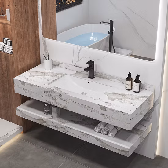 Tocador de baño de mármol, gabinetes de lavabo, tocador de pared de baño con espejo LED inteligente