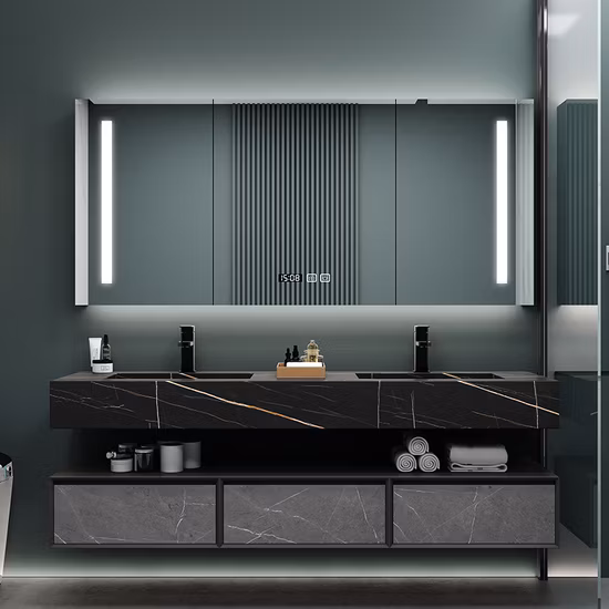 Moderno tocador de baño de pared de madera contrachapada de melamina con armario con espejo