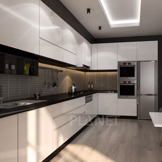 Personalización de fábrica de Foshan, agitador blanco plegable, instalación de madera, personalizar gabinetes de cocina de alto brillo